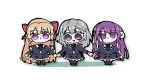 3girls :< artist_name assault_lily black_pantyhose black_ribbon black_skirt blush brown_hair brown_pantyhose brown_shoes chibi chibi_only closed_mouth commentary_request cropped_jacket full_body grey_hair hair_ribbon hata_matsuri holding_hands jitome juliet_sleeves long_hair long_sleeves looking_at_viewer mayu_(yu_e1602) medium_hair monica_rossi multiple_girls neck_ribbon pantyhose parted_lips puffy_sleeves purple_eyes purple_hair ribbon school_uniform shoes simple_background skirt smile standing takeda_mimi triangle_mouth very_long_hair white_background white_ribbon yurigaoka_girls_academy_school_uniform 