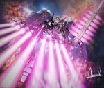  artist_request battle beam_cannon beam_rifle crossbone_gundam crossbone_gundam_x-1_full_cloth crossbone_vanguard energy_beam energy_gun energy_sword explosion firing firing_at_viewer glowing green_eyes gundam jolly_roger mecha mecha_focus mobile_suit muzzle_flash nebula no_humans realistic robot science_fiction signature space star_(sky) sword thrusters v-fin war weapon zero_gravity 