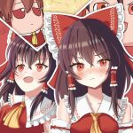  1girl ascot blush bow brown_hair closed_mouth collarbone commentary contrast_collar detached_sleeves frilled_bow frilled_hair_tubes frilled_shirt_collar frills fumo_(doll) hair_bow hair_tubes hakurei_reimu highres long_hair open_mouth red_bow red_eyes red_ribbon red_shirt ribbon shirt sleeve_ribbon sleeveless sleeveless_shirt sweatdrop touhou yellow_ascot yukkuri_shiteitte_ne zhaoxi_ran_gu 