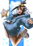  1girl :d black_hair blue_hoodie bright_pupils commentary hair_ornament happy highres hood hood_down hoodie leggings lida_(pokemon) long_hair long_sleeves open_mouth pokemon pokemon_(creature) pokemon_legends:_z-a rara_(user_hmrm3822) ribbed_socks shoes smile socks staryu tassel topknot vanillite white_pupils white_shoes white_socks zipper_pull_tab 