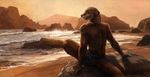  2014 anthro back bayshore beach black_nose brown_fur claws clothed clothing fur half-dressed kenket looking_at_viewer looking_back male mammal mustelid otter outside rear_view rock sand sea seaside sitting smile solo sunset swimsuit tail_clothing tattoo thick_tail topless water whiskers 