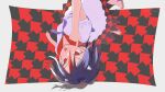  1girl arrow_background black_hair closed_mouth commentary hair_between_eyes highres horns index_finger_raised kijin_seija looking_at_viewer minorti multicolored_hair pointing pointing_at_self red_eyes red_hair sandals short_sleeves solo streaked_hair tongue tongue_out touhou upside-down white_hair 