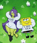  anthro aquatic asexual big_sweater blue_eyes buckteeth clothing duo ear_fins eel eelie_applebottom eye_contact eyelashes fan_character female fin fish footwear grass green_body green_skin hair hair_over_eye hi_res long_hair looking_at_another looking_at_partner lying lying_on_grass male male/female nickelodeon on_back on_grass on_ground plant sea_sponge shirt shoes simple_background smile smiling_at_another smiling_at_partner somescrub spongebob_squarepants spongebob_squarepants_(character) sweater teeth text text_on_clothing text_on_sweater text_on_topwear topwear underwater water yellow_body 