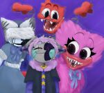  2023 animatronic black_clothing black_shirt black_tears black_topwear blue_bow blue_bow_ribbon blue_clothing claws clothing eye_scar eyelashes facial_scar fangs fur grey_body grey_ears group hi_res kissy_missy looking_at_viewer machine mob_entertainment multicolored_ears open_mouth paws pink_body pink_fur poppy_playtime purple_clothing purple_ears red_body red_fur red_sclera robot scar shirt teeth topwear tr1clip two_tone_ears white_clothing white_ears wuggy_(poppy_playtime) yellow_clothing 