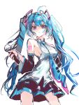  1girl absurdres ahoge aqua_eyes aqua_hair aqua_necktie beodeulu black_skirt black_sleeves breasts commentary cowboy_shot detached_sleeves grey_shirt hatsune_miku highres holding holding_microphone looking_at_viewer microphone multicolored_eyes necktie number_tattoo pink_eyes pleated_skirt shirt sideboob skirt sleeveless sleeveless_shirt solo standing tattoo thighs twintails two-tone_eyes untranslatable_commentary vocaloid white_background 