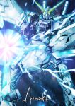  amasaki_yusuke battle beam_cannon beam_rifle energy energy_gun firing glowing gundam gundam_unicorn mecha mecha_focus mobile_suit muzzle_flash nebula no_humans nt-d realistic robot scene_reference science_fiction shield signature space star_(sky) unicorn_gundam v-fin weapon zero_gravity 