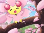  :d cherrim cherrim_(sunshine) cherry_blossoms closed_eyes cloud commentary_request day facing_viewer happy highres no_humans on_branch open_mouth outdoors pokemon pokemon_(creature) pokemon_focus sky smile solo spring_(season) spsp_san standing tree 