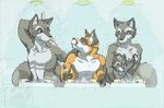  2006 abs anthro biceps blue_eyes breasts canine claws eye_contact eyewear female fox front_view fur gloves_(marking) green_eyes grey_fur group hand_on_shoulder karishad male mammal markings muscles nude orange_fur pecs raccoon rick_griffin ringed_tail shower smile soap washing white_fur 