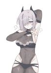  1girl arm_behind_head arm_up armpits assault_lily black_horns blue_eyes blush bodystocking breasts bridal_gauntlets brown_bridal_gauntlets closed_mouth clothing_cutout covered_navel cowboy_shot demon_horns gatti_love grey_hair groin hair_between_eyes hair_over_one_eye half-closed_eyes hand_up highres hip_vent horns looking_at_viewer medium_breasts one_eye_closed presenting_own_armpit sekino_youko short_hair sideboob simple_background solo spread_armpit standing steaming_body sweat white_background 