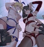  1boy 2girls absurdres ahoge animal_ears artoria_pendragon_(fate) black_hair black_thighhighs blonde_hair blue_eyes blue_panties blush bra breasts caelus_(honkai:_star_rail) commentary covered_nipples detached_sleeves english_commentary fate/stay_night fate/unlimited_blade_works fate_(series) ficoemirrio hair_ribbon highres honkai:_star_rail honkai_(series) huge_ahoge medium_breasts multiple_girls naughty_face navel panties pov pov_hands rabbit_ears red_bra red_panties ribbon saber_(fate) saber_(honkai:_star_rail)_(fate) see-through_clothes see-through_shirt shirt sweatdrop thighhighs tohsaka_rin tohsaka_rin_(honkai:_star_rail) trailblazer_(honkai:_star_rail) underboob underwear 