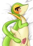  2014 bed blush brown_eyes censored female feral looking_at_viewer mammal nintendo nude pok&eacute;mon pussy reptile scalie snivy solo spread_legs spreading video_games なな 