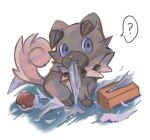  ? anzu_(01010611) blue_eyes commentary_request dog fang highres mouth_hold no_humans poke_ball poke_ball_(basic) pokemon pokemon_(creature) rockruff sitting solo tissue tissue_box 