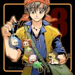  1boy bandana black_background blue_tunic brown_eyes brown_hair character_charm charm_(object) closed_mouth colored_skin commentary_request cross_scar d_d_work dragon_quest dragon_quest_viii green_skin grey_hair hair_between_eyes hamster hero_(dq8) highres jessica_albert kukuru_(dq8) light_smile long_hair low_ponytail male_focus medea_(dq8) munchie_(dq8) ponytail red_bandana scar scar_on_cheek scar_on_face short_hair spiked_helmet trode tunic twintails twitter_username upper_body vest yangus yellow_vest 