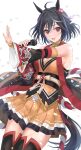  1girl animal_ears armpit_crease black_hair black_sash black_sleeves black_thighhighs blush breasts chanchanko_(clothes) cleavage cleavage_cutout clothing_cutout commentary_request confetti detached_sleeves floral_print_sleeves hair_between_eyes highres holding holding_microphone horse_ears horse_girl horse_tail japanese_clothes kitasan_black_(gilded_shrine_to_glory)_(umamusume) kitasan_black_(umamusume) kouhaku_nawa large_breasts layered_sleeves looking_at_viewer mexif microphone multicolored_hair obi open_mouth orange_shirt orange_skirt pleated_skirt rope sash shimenawa shirt short_hair simple_background skirt smile solo streaked_hair tail teeth thighhighs thighs two_side_up umamusume upper_teeth_only white_background white_streaks zettai_ryouiki 