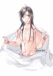  1boy ahoge alternate_hairstyle bed_sheet bite_mark black_hair blanket blush collarbone commentary_request grandmaster_of_demonic_cultivation grey_eyes groin hair_down hickey holding holding_blanket implied_yaoi long_hair looking_at_viewer male_focus naked_sheet navel nipples nude parted_lips pectorals rope_marks sidelocks simple_background sitting smile solo twitter_username unan_tyara under_covers wei_wuxian white_background 