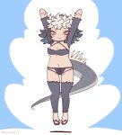  1girl arms_up black_hair blue_background breasts cleavage commentary_request coroha dress full_body grey_eyes grey_hair iguana_tail jumping kemono_friends kemono_friends_3 large_breasts looking_at_viewer marine_iguana_(kemono_friends) multicolored_hair navel sandals short_hair simple_background solo tail thighhighs two-tone_hair 