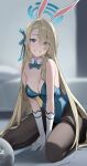 1girl absurdres animal_ears aqua_leotard asuna_(blue_archive) asuna_(bunny)_(blue_archive) blonde_hair blue_archive blue_bow blue_bowtie blue_eyes blue_halo blue_leotard bow bowtie breasts cleavage fake_animal_ears gloves hair_over_one_eye halo highres indoors kneeling large_breasts leotard long_hair looking_at_viewer official_alternate_costume playboy_bunny smile strapless strapless_leotard traditional_bowtie user_505240092 white_gloves 