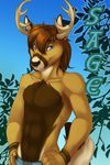  2014 abs anthro antlers badge black_nose blue_eyes brown_fur brown_hair canine cervine clothed clothing deer feline fur hair half-dressed horn looking_at_viewer male mammal muscles pecs pose sage smile solo standing tan_fur topless tygurstar wristband 