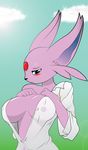  2014 anthro anthrofied big_breasts blue_eyes blush breasts canine clothed clothing cloud eeveelution espeon female fur galaxz looking_at_viewer mammal nintendo nipples pok&eacute;mon sky smile solo sun sunlight video_games 