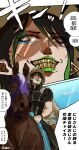  1boy absurdres black_pants black_shirt blue_sky bracelet bridle brown_cape brown_hat brown_horse cape commentary_request cosplay eyelashes gold_teeth green_lips grin gyro_zeppeli gyro_zeppeli_(cosplay) hanabatake_chaika hat highres holding holding_reins horse horseback_riding iknsk jewelry jojo_no_kimyou_na_bouken lipstick looking_at_viewer makeup male_focus multicolored_eyeshadow multiple_views nijisanji orange_eyes pants parody pointy_ears reins riding shade shirt short_sleeves sky smile sound_effects speech_bubble steel_ball_(jojo) steel_ball_run translation_request twitter_username virtual_youtuber wide_brim 