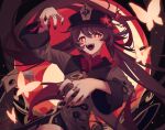  1girl black_nails black_shorts blush brown_hair bug butterfly commentary eyelashes fangs flower flower-shaped_pupils genshin_impact gradient_hair hair_between_eyes hanakiri22 hat hat_flower highres hu_tao_(genshin_impact) jewelry long_hair long_sleeves looking_at_viewer multicolored_hair multiple_rings nail_polish open_mouth red_eyes red_flower red_hair ring short_shorts shorts sidelocks solo symbol-shaped_pupils twintails very_long_hair 