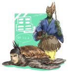  1boy 1other animalization aqua_background artist_name black_hair blue_kimono box chit/chat/chaika closed_mouth colored_skin colored_tips commentary cosplay earrings extra_eyes fishing_rod folded_ponytail grass_skirt green_hair green_lips green_skin hanabatake_chaika hand_up heterochromia highres holding holding_box holding_fishing_rod human_head ikuyoan japanese_clothes jewelry kimono lipstick long_sleeves looking_at_viewer makeup multicolored_hair nijisanji official_artist_extra pointy_ears sidelocks signature speech_bubble translation_request turtle untranslatable_commentary urashima_tarou urashima_tarou_(cosplay) urashima_tarou_(fairy_tale) virtual_youtuber yellow_eyes 