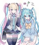  2girls ame_(meowmegu) blonde_hair blue_hair bow chouzetsusaikawa_tenshi-chan cosplay hair_bow hatsune_miku hatsune_miku_(cosplay) highres jirai_kei miniskirt multicolored_hair multiple_girls needy_girl_overdose p-chan_(needy_girl_overdose) pink_hair sailor skirt spring_onion twintails vocaloid 