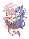  1girl :d absurdres black_skirt blue_eyes blue_hair blue_shoes blunt_ends bob_cut butterfly_hair_ornament clothes_lift commentary_request curtained_hair dated english_text floating_hair frilled_shirt frills green_shirt hair_between_eyes hair_ears hair_ornament happy_birthday high_side_ponytail highres holding holding_stuffed_toy jumping kazanari_tsubasa long_hair looking_at_viewer maria_cadenzavna_eve mary_janes namurou7676 off-shoulder_shirt off_shoulder open_mouth parted_bangs pink_background pink_hair purple_eyes seal_impression senki_zesshou_symphogear shirt shoes side_ponytail skirt skirt_lift smile solo stuffed_toy thighhighs two-tone_background white_background white_thighhighs wispy_bangs 