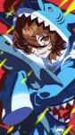  1girl absurdres agnes_tachyon_(umamusume) ahoge alternate_costume animal_ears animal_hood artist_name blue_hoodie brown_hair commentary cosplay gawr_gura gawr_gura_(1st_costume) gawr_gura_(cosplay) hair_between_eyes highres hololive hololive_english hood hoodie horse_ears horse_girl hugging_doll hugging_object looking_at_viewer red_eyes shark_hood sharp_teeth shi_draco short_hair sleeves_past_fingers sleeves_past_wrists solo stuffed_animal stuffed_shark stuffed_toy teeth umamusume 