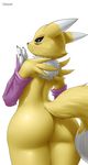  2014 absurd_res anthro bandai big_butt blue_eyes butt canine derpah digimon female fox fur hi_res looking_at_viewer looking_back mammal nude plain_background rear_view renamon solo standing white_background white_fur yellow_fur 