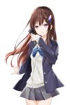  1girl black_jacket blue_bow blue_bowtie bow bowtie brown_cardigan brown_hair cardigan doumyouji_cocoa grey_skirt hair_between_eyes hair_ornament highres holding holding_microphone jacket long_hair microphone non-web_source pink_eyes ririka_(ab-yuri) school_uniform skirt 