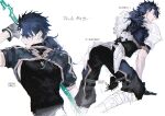  1boy absurdres armor blue_hair cu_chulainn_(fate) cu_chulainn_(fate/prototype) earrings fate/grand_order fate_(series) fur_trim gloves hair_between_eyes highres holding holding_polearm holding_weapon jewelry long_hair male_focus metama multiple_views open_mouth pants polearm ponytail red_eyes shirt simple_background solo_focus weapon white_background 