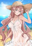  1girl beach breasts cleavage collarbone commentary commission day dress english_commentary hat highres holding_own_dress lens_flare long_hair looking_at_viewer maria_cadenzavna_eve navel ocean outdoors pink_hair see-through_clothes see-through_dress senki_zesshou_symphogear skeb_commission sleeveless sleeveless_dress solo straw_hat sundress takoyakigirljp white_dress 