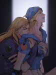  2boys arm_belt belt black_belt blonde_hair blue_bridal_gauntlets blue_jacket blue_lips blue_shirt blush bridal_gauntlets commentary cowboy_shot cropped_jacket crying crying_with_eyes_open english_commentary green_eyes green_nails gyro_zeppeli hands_on_another's_chest hat heart highres hood hood_down hooded_jacket horseshoe_hat_ornament horseshoe_ornament hug hug_from_behind jacket johnny_joestar jojo_no_kimyou_na_bouken long_hair male_focus medium_hair midriff multiple_boys nail_polish navel shirt star_(symbol) star_print steel_ball_run tears xing_wei_(likin000) 