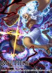  2boys alternate_form clenched_hand commentary_request copyright_name dragon dragon_horns eastern_dragon_horns gear_fifth hagoromo haki_(one_piece) horns incoming_attack kaidou_(one_piece) monkey_d._luffy multiple_boys official_art one_piece one_piece_card_game open_mouth sandals scar scar_on_chest sharp_teeth shawl shirt shorts tatsuya_(atelier_road) teeth thick_eyebrows white_hair white_shirt white_shorts 