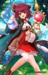  1girl artist_name atelier_(series) atelier_sophie atelier_sophie_2 blue_coat boots brown_eyes coat collared_coat corset flask headscarf highres holding holding_flask kamaniki leather leather_boots legs long_coat looking_at_viewer open_mouth red_hair red_skirt round-bottom_flask simple_background skirt sophie_neuenmuller 