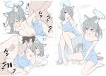  1boy 1girl absurdres alternate_costume animal_ear_fluff animal_ears babydoll bar_censor bare_legs bare_shoulders barefoot blanket blue_archive blue_babydoll blue_camisole blue_eyes blue_halo blue_shorts blush breasts camisole censored commentary cross cross_hair_ornament doggystyle double_strap_slip extra_ears grey_hair hair_ornament halo hetero highres inverted_cross legs looking_at_viewer medium_breasts mismatched_pupils multiple_views off_shoulder on_bed open_clothes open_shirt sex sex_from_behind shiroko_(blue_archive) shirt short_hair shorts simple_background sketch_background spooning strap_slip t1kosewad toes vaginal white_background white_shirt wolf_ears wolf_girl 