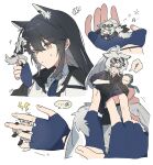  ! 2girls animal_ears arknights bite_mark bite_mark_on_hand black_gloves black_hair black_jacket black_shirt black_vest blue_gloves closed_mouth collared_shirt eighth_note eyewear_on_head fingerless_gloves gloves grey_eyes grey_hair hand_under_clothes hand_under_shirt highres jacket lappland_(arknights) licking licking_finger long_hair mini_person minigirl multiple_girls musical_note orange_hair scar scar_across_eye scar_on_face seri_(vyrlw) shirt simple_background spoken_exclamation_mark sunglasses sweatdrop tail texas_(arknights) vest white_background white_shirt wolf_ears wolf_girl wolf_tail yuri 