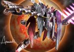  aiming amasaki_yusuke battle beam_cannon beam_rifle crossbone_gundam crossbone_gundam_x-1_full_cloth crossbone_vanguard energy_gun energy_sword green_eyes gundam jolly_roger mecha mecha_focus mobile_suit nebula no_humans planet realistic robot science_fiction shield signature space star_(sky) sword v-fin weapon zero_gravity 