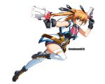  1girl ankle_boots artist_name black_boots black_bracer black_gloves black_ribbon blue_eyes boots commentary_request commission cropped_jacket cross_mirage double-parted_bangs dual_wielding floating_hair floating_ribbon front_zipper full_body gloves gun hair_between_eyes hair_ribbon handgun high_heel_boots high_heels highres holding holding_gun holding_weapon jacket long_hair looking_at_viewer lyrical_nanoha mahou_shoujo_lyrical_nanoha_strikers orange_hair oshimaru026 parted_lips ribbon sidelocks simple_background skeb_commission sleeveless sleeveless_jacket solo teana_lanster thighhighs tsurime twintails twitter_username v-shaped_eyebrows weapon white_background white_jacket white_thighhighs zipper zipper_pull_tab zoom_layer 