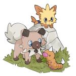  black_eyes blue_eyes bug commentary dog english_commentary grass leaf lillipup mjoyart mouth_hold no_humans pokemon pokemon_(creature) pokemon_focus rock rockruff standing weedle white_background 