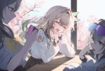  3girls absurdres aqua_bow aqua_bowtie black_hairband bow bowtie cherry_blossoms classroom closed_eyes commentary cosplay desk eyewear_on_head firefly_(honkai:_star_rail) firefly_(honkai:_star_rail)_(cosplay) firefly_(spring_missive)_(honkai:_star_rail) grey_eyes grey_hair grey_sailor_collar grey_skirt hairband hand_on_own_cheek hand_on_own_face handheld_game_console happy highres holding holding_handheld_game_console honkai:_star_rail honkai_(series) indoors jw_(wrdawrda) long_sleeves midriff_peek multiple_girls open_mouth plaid_clothes plaid_skirt playing_games playing_video_games purple-tinted_eyewear sailor_collar school_desk shirt silver_wolf_(honkai:_star_rail) sitting skirt sleeves_rolled_up smile stelle_(honkai:_star_rail) sunlight tinted_eyewear tongue tongue_out trailblazer_(honkai:_star_rail) untranslatable_commentary untucked_shirt white_shirt window yellow_bow yellow_bowtie yellow_eyes 