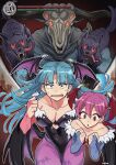  2girls 3others animal_print bare_shoulders bat_print bat_wings black_leotard breasts bridal_gauntlets character_request cleavage clothing_cutout commentary confused cropped_torso crossover dark_souls_(series) darkstalkers demon_girl extra_eyes fur-trimmed_leotard fur_trim green_eyes green_hair head_wings health_bar heart heart-shaped_eyes heart_cutout highleg highleg_leotard highres horns large_breasts leotard lilith_(darkstalkers) long_hair morrigan_aensland multiple_girls multiple_others off-shoulder_leotard oushiza_towel pantyhose print_pantyhose purple_hair purple_pantyhose purple_wings red_eyes red_leotard short_hair user_interface wide-eyed wings wolf 