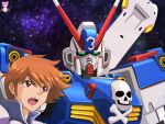  1boy absurdres angry artist_logo artist_name blurry blurry_background brown_hair commentary_request crossbone_gundam crossbone_gundam_x-3 crossbone_vanguard green_eyes gundam highres jolly_roger logo mecha mecha_pilot_suit medal mobile_suit nebula nyahoekaki1 portrait red_eyes robot science_fiction shouting signature space star_(sky) tobia_arronax v-fin 
