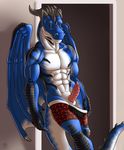  2014 abs animal_genitalia anthro biceps black_scales black_skin blue_scales blue_skin boxers claws cloaca clothed clothing door dragon drakien erection genital_slit green_eyes half-dressed horn leaning leaning_back looking_at_viewer male markings muscles pecs penis pose reptile ridged_penis scales scalie sheath slit smile solo spines standing suggestive toned topless triceps underwear underwear_down vallhund white_belly white_scales white_skin wings 