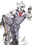  2026 absurd_res anthro belt black_clothing black_nose black_suit canid canine canis clothed clothing cybernetic_leg cybernetic_limb digit_ring eye_patch eyewear finger_ring fingerless_gloves fur gloves hair handwear harness hi_res jewelry looking_at_viewer male mammal mechanical_leg mihoyo raised_leg red_eyes shirt simple_background solo suit thiren topwear von_lycaon w_h_aevr white_body white_clothing white_fur white_hair white_shirt white_topwear wolf zenless_zone_zero 
