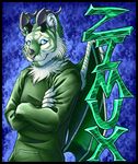  2013 abstract_background anthro blue_eyes catcat clothed clothing english_text feline fur green_fur horn looking_at_viewer male mammal multicolored_fur ratte solo text tiger white_fur zimux 