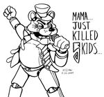  ... 2014 animatronic anthro bear belt black_and_white buckles clothing five_nights_at_freddy&#039;s freddie_mercury freddy_(fnaf) jacket machine male mammal mechanical microphone monochrome parody plain_background robot singing sqrlyjack_(artist) teeth text what where_is_your_god_now white_background 