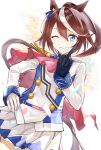  1girl absurdres animal_ears ascot asymmetrical_gloves blue_eyes brown_hair commentary epaulettes gloves grin hand_on_own_hip highres horse_ears horse_girl kazabana_fuuka long_hair long_sleeves looking_at_viewer mismatched_gloves multicolored_hair one_eye_closed pink_ascot simple_background single_epaulette smile solo streaked_hair tokai_teio_(peak_joy)_(umamusume) tokai_teio_(umamusume) umamusume white_gloves white_hair 