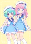  2girls absurdres aqua_hair artist_name beret blue_bow blue_eyes blue_skirt bow clenched_hands commentary_request hair_ornament hat highres mahou_no_shimai_lulutto_lilly miniskirt multiple_girls nonoyama_fuu nonoyama_rui open_mouth pink_bow pink_hair purple_eyes sailor_collar sailor_shirt shirt siblings sisters skirt socks star_(symbol) star_hair_ornament user_vgvd4273 white_socks wrist_cuffs yellow_background 